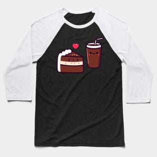 Kawaii Chocolate Cake and Cola Drink Couple with a Heart | Cute Kawaii Food Art Baseball T-Shirt